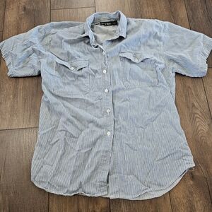 Vintage Retro 100% Cotton Blue and White Striped Button Up Shirt w Shoulder Pads